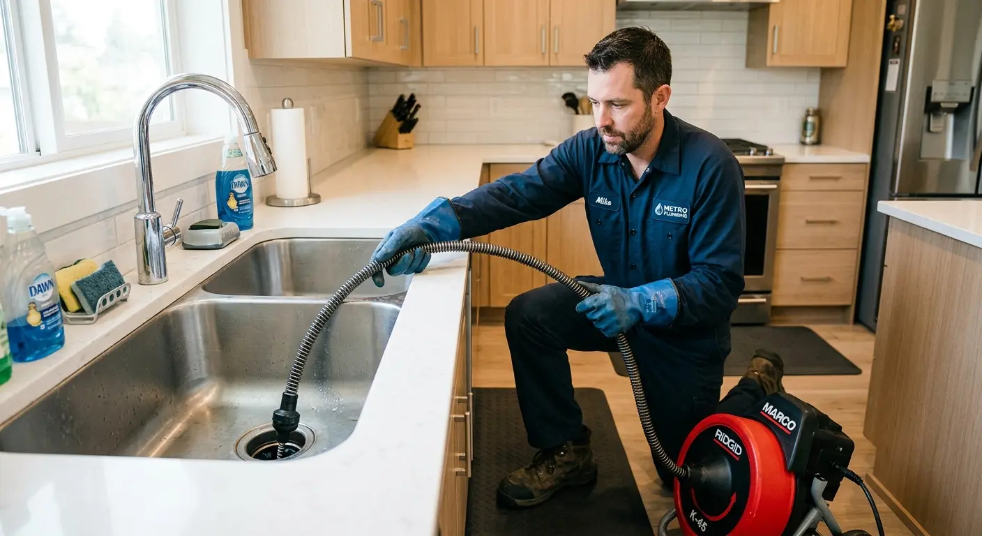 Drain cleaning technician using a motorized snake on a kitchen sink in Greenacres