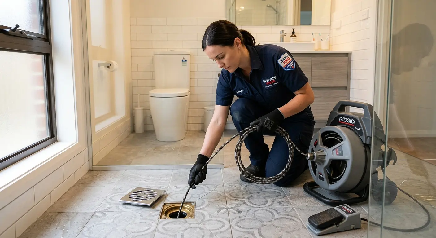 Technician clearing a bathroom floor drain for Sewer Line Replacement in Greenacres